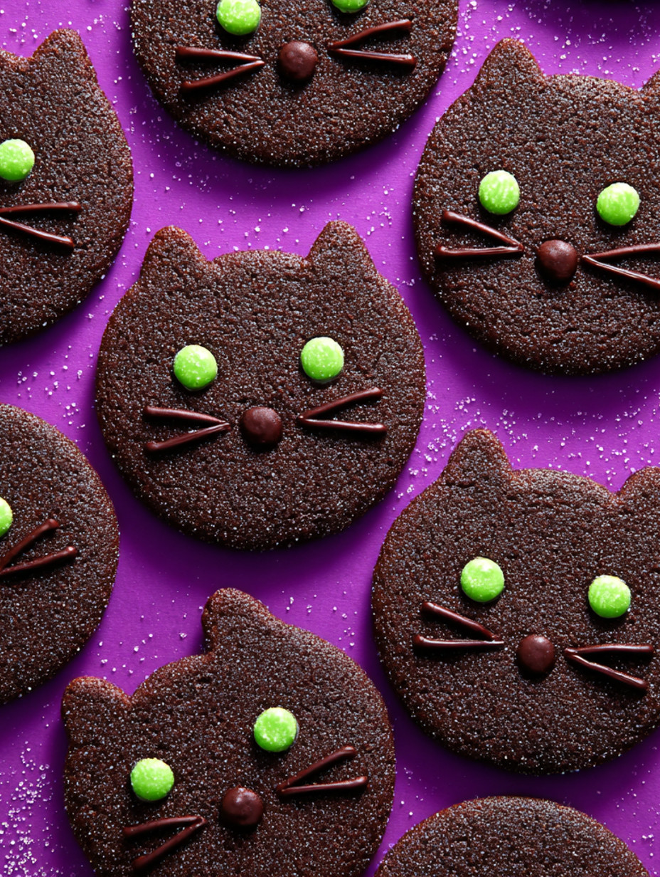 A purple table with chocolate cat cookies.