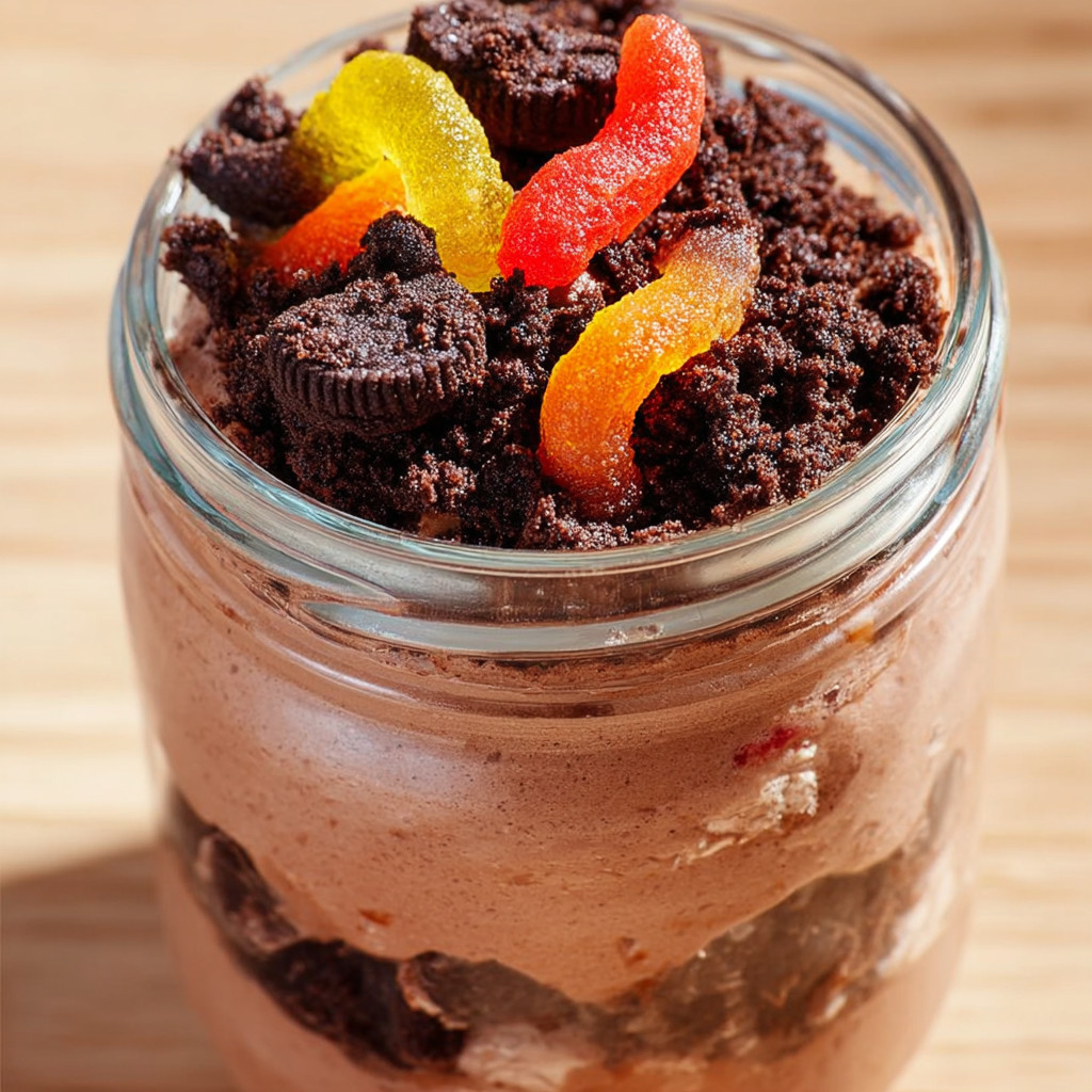 A glass jar filled with a chocolate dessert.