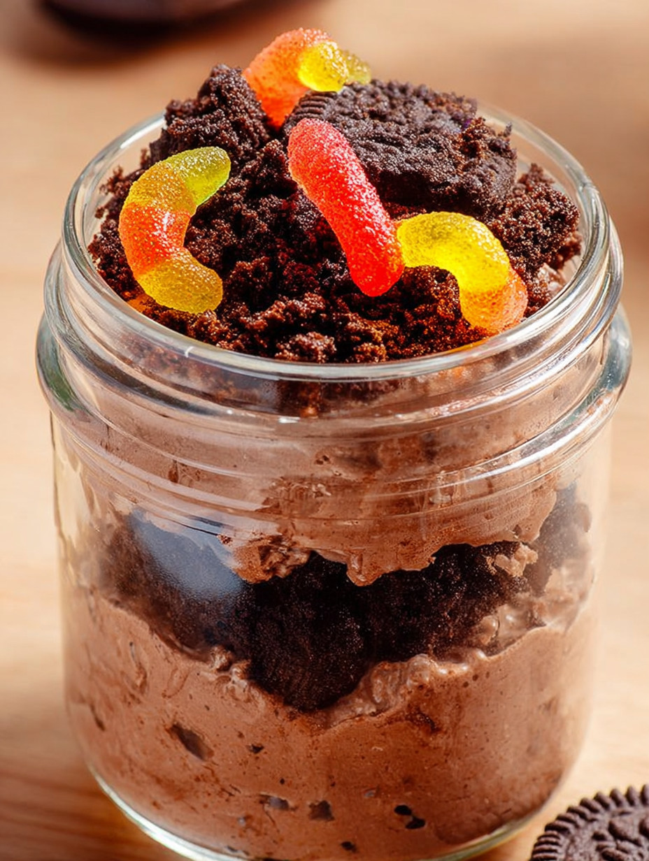 A jar of cake with candy on top.