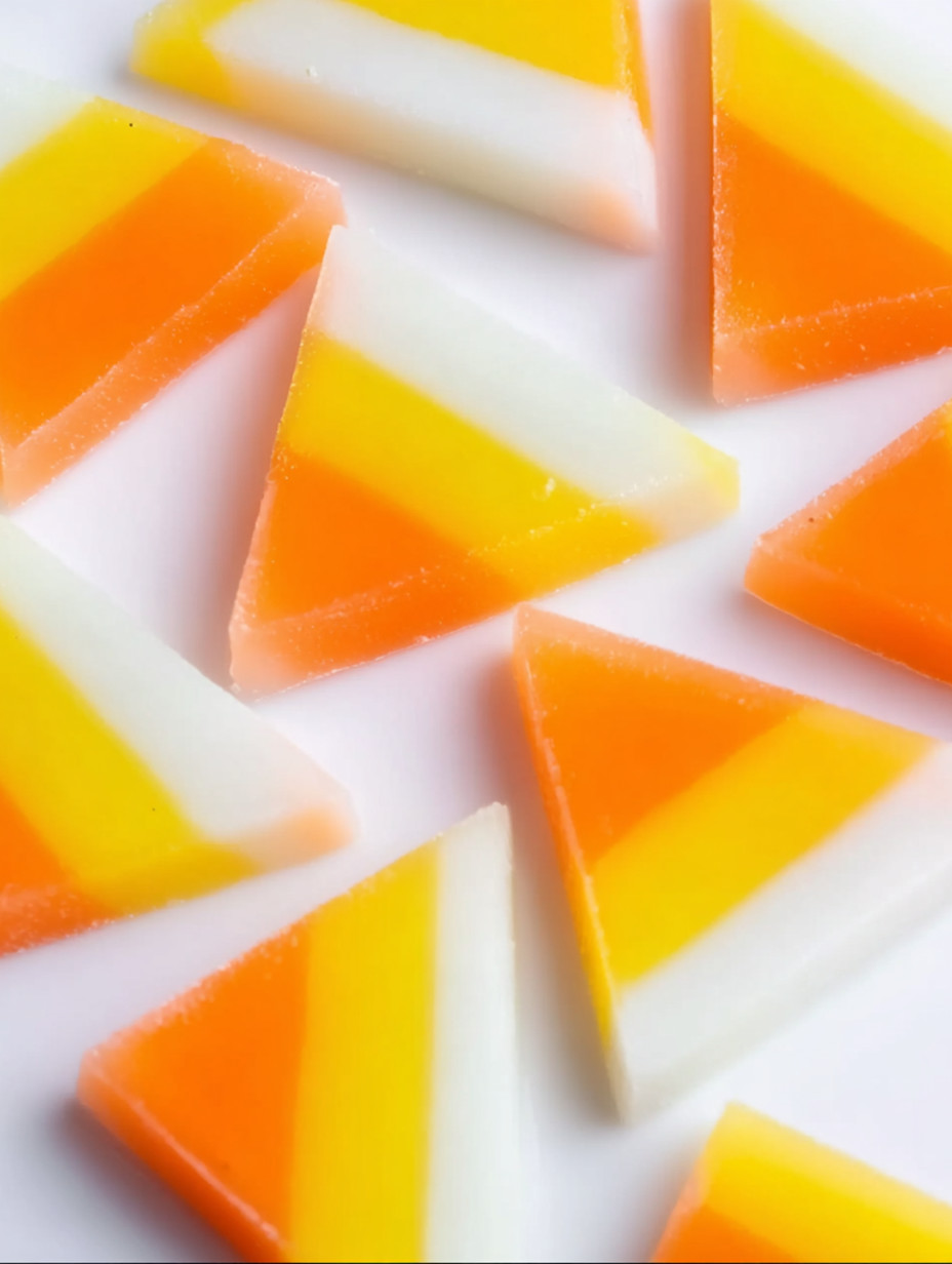 A white plate with orange and yellow candy on it.