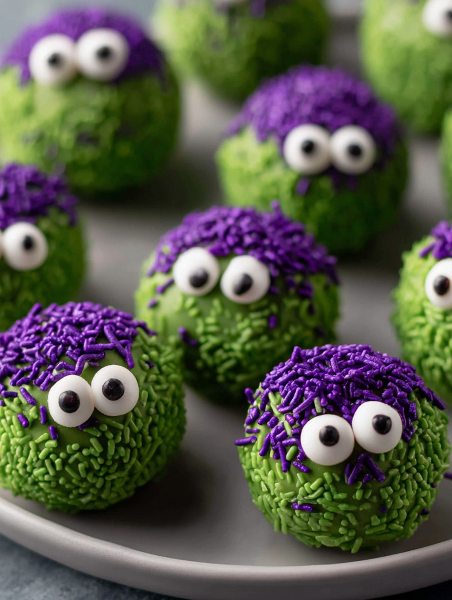 Green and purple cake with eyes.
