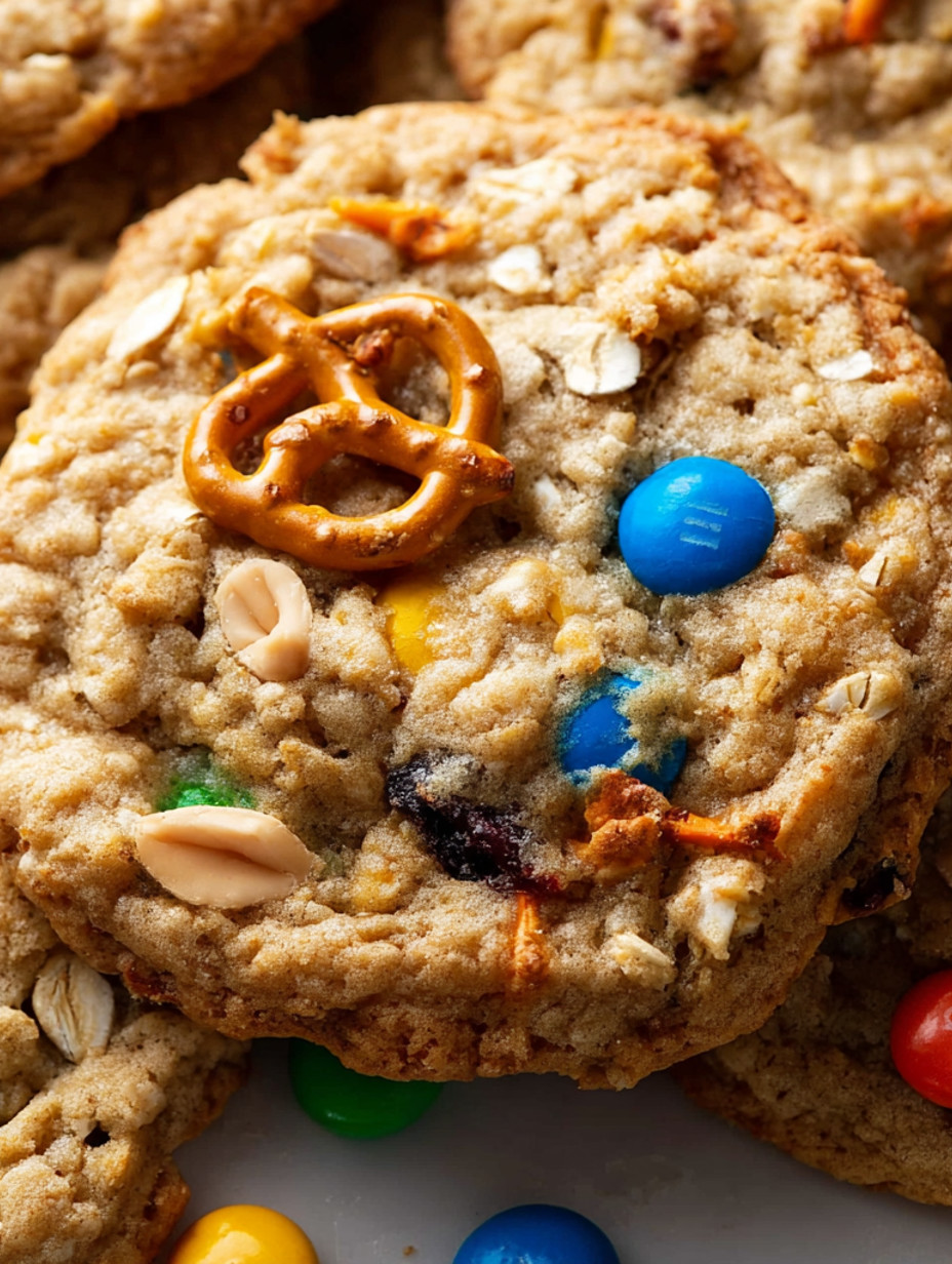 A cookie with a pretzel and M&Ms on top.
