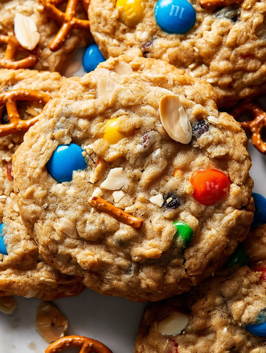 A plate of cookies with M&M's and almonds.
