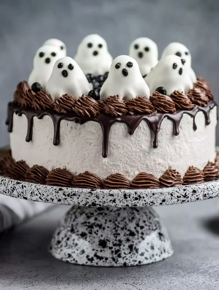 A cake with white frosting and chocolate drizzle.