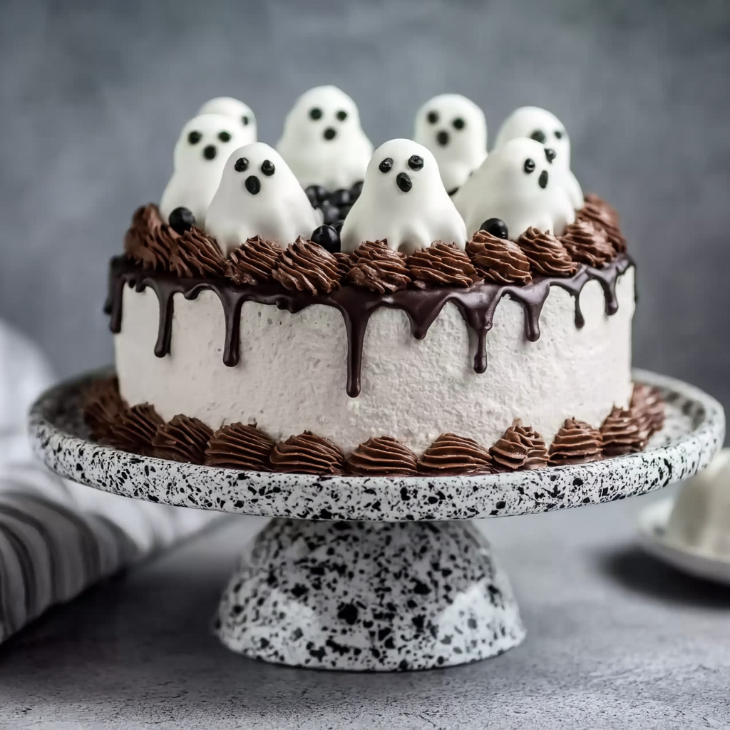 A cake with white frosting and chocolate drizzle topped with white frosting ghosts.