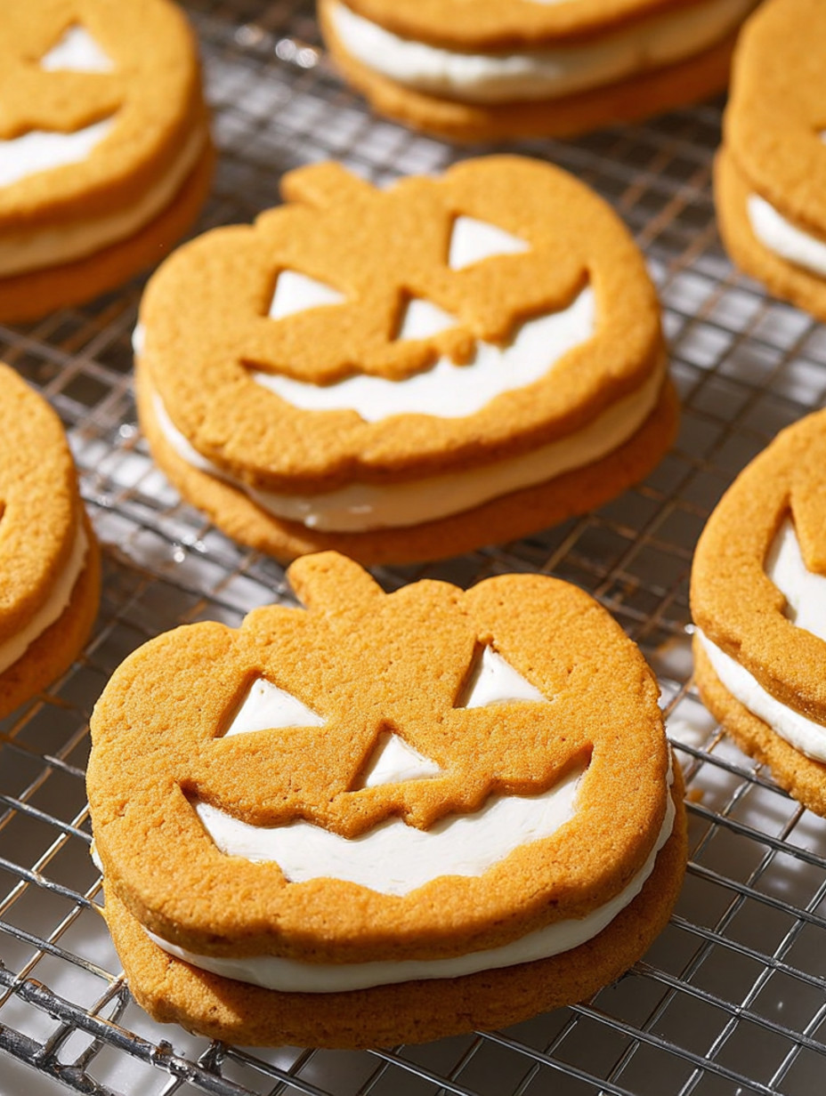 A tray of cookies with a pumpkin face on them.