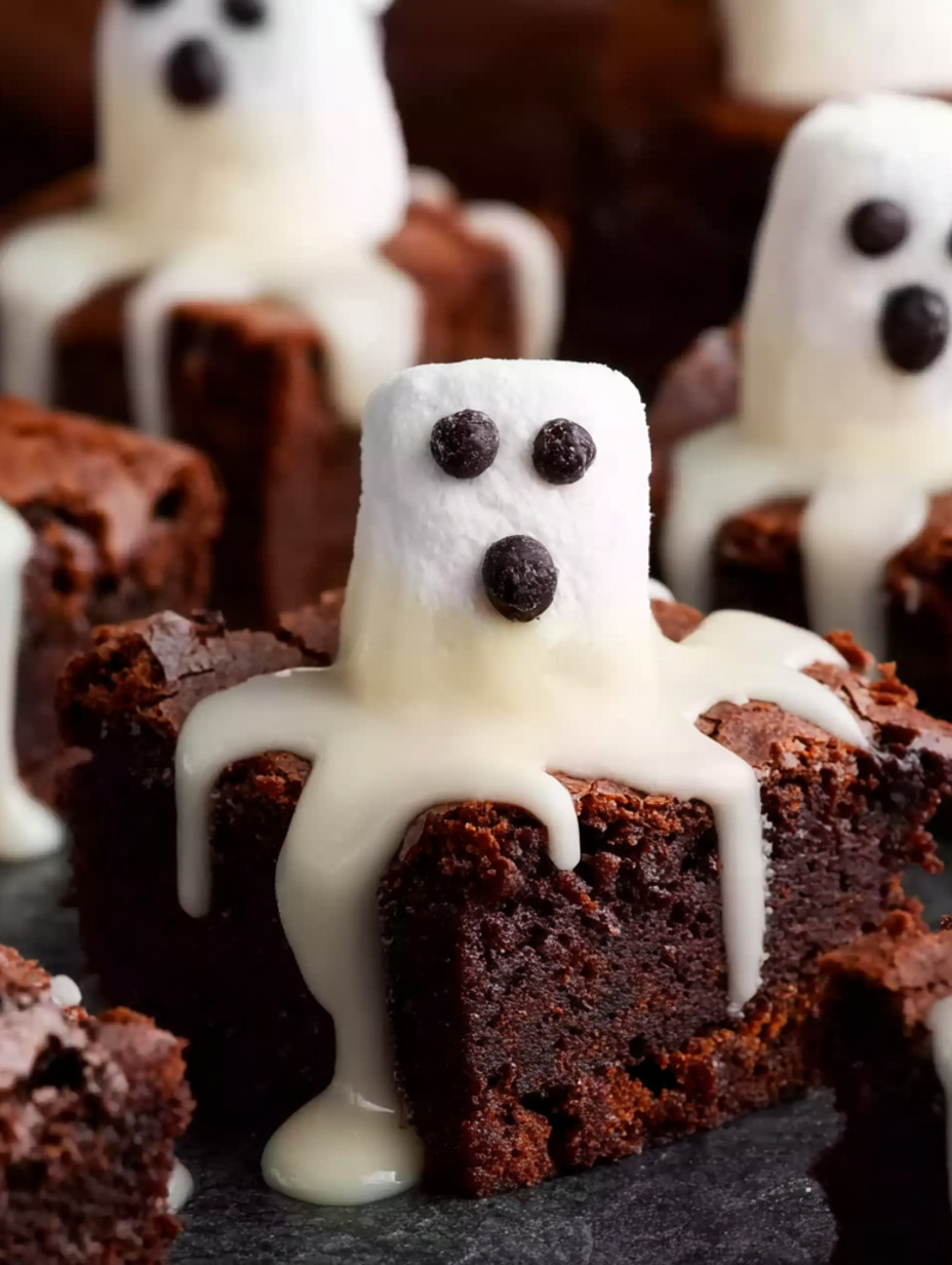 A brownie with white frosting and a marshmallow shaped like a ghost.