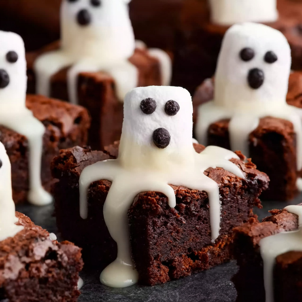 A chocolate brownie with white icing and marshmallows.