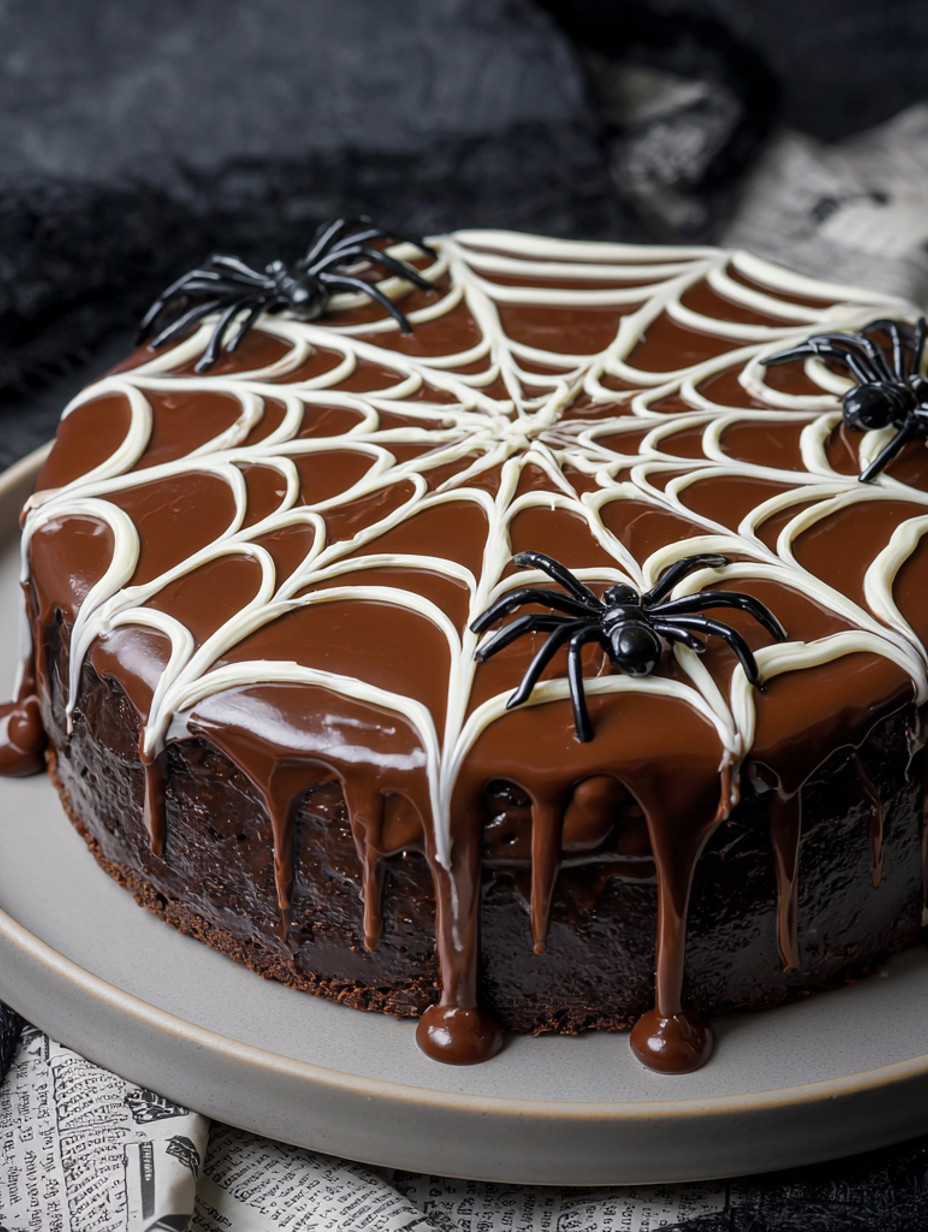 A chocolate cake with white icing and black spiders on it.
