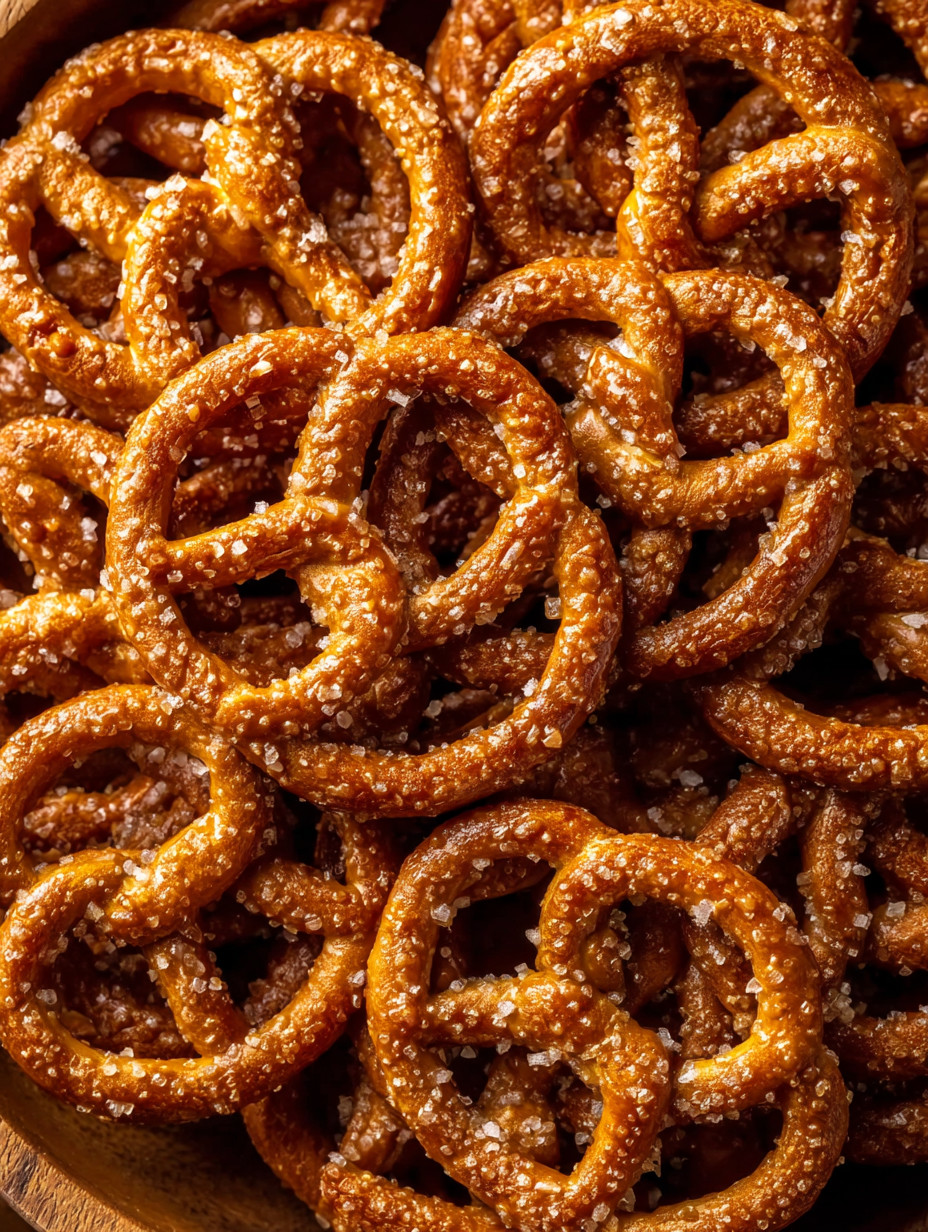 A pile of golden brown pretzels.