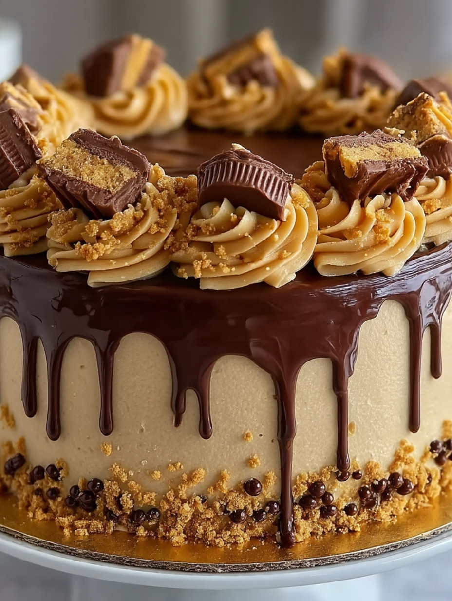 A chocolate cake with chocolate drizzle and peanut butter cups.