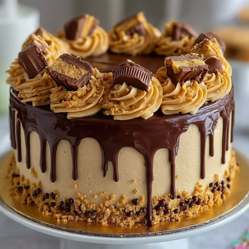 A chocolate cake with peanut butter frosting.