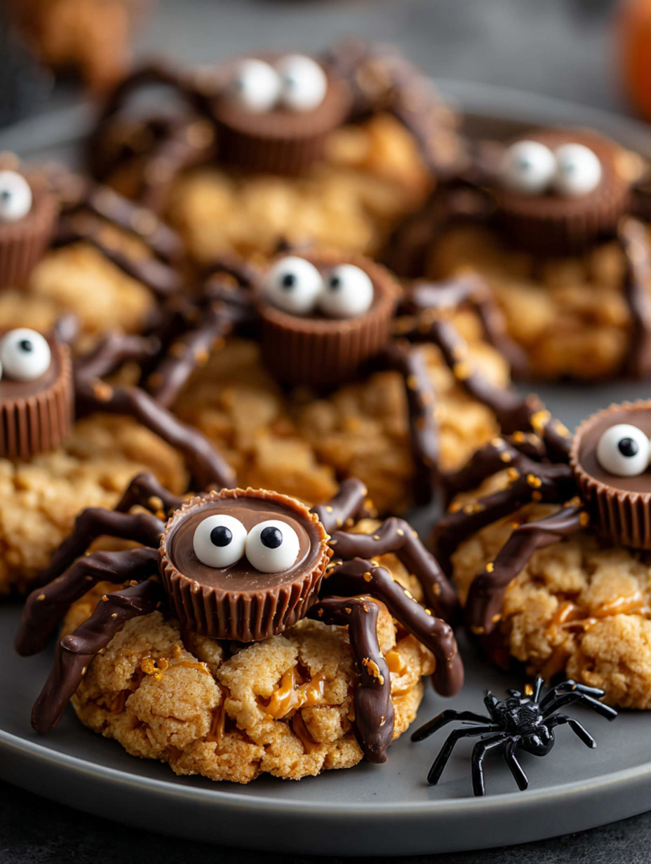 A plate of cookies with eyes and legs made of chocolate.