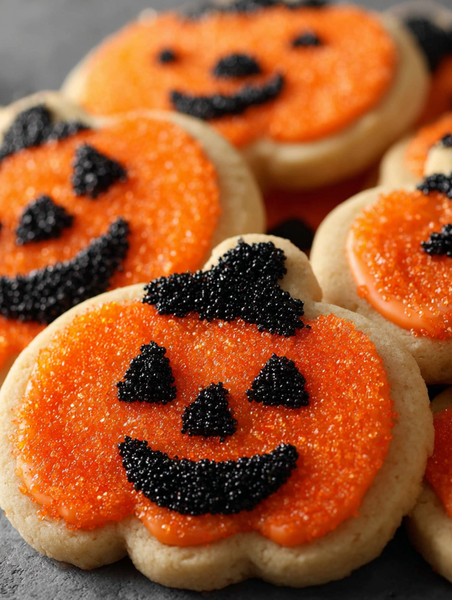 Orange cookies with black candy eyes and a smile.