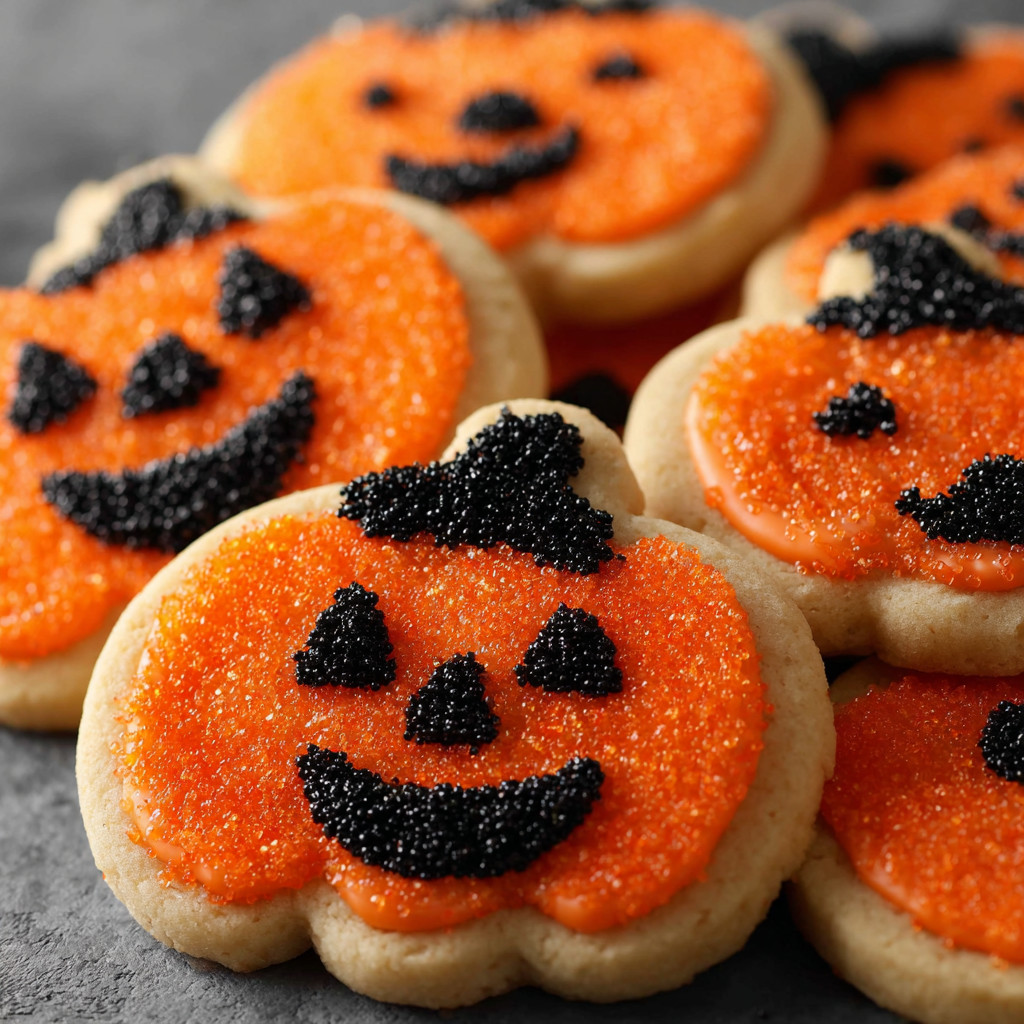 Orange cookies with black icing and black beads.