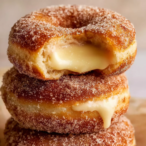 A stack of doughnuts with powdered sugar.