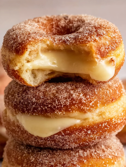 Three donuts stacked on top of each other.