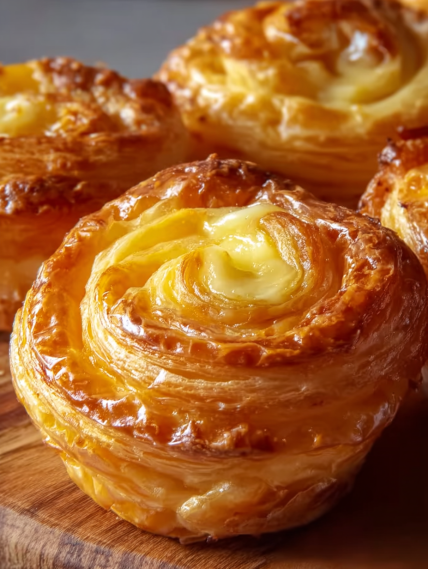 Three pastries on a wooden table.