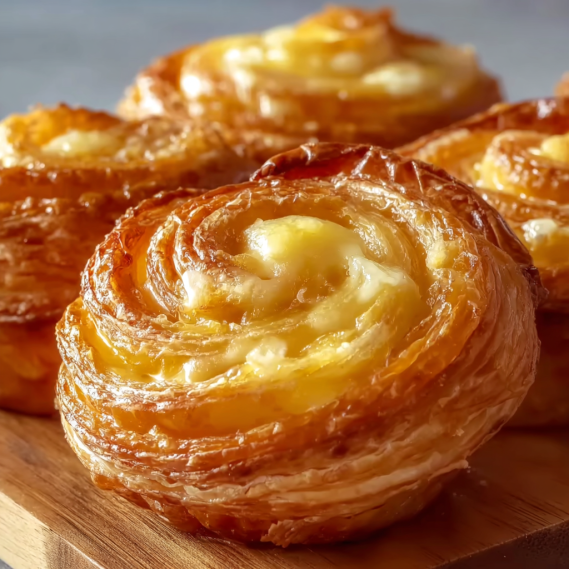Three pastries on a wooden board.