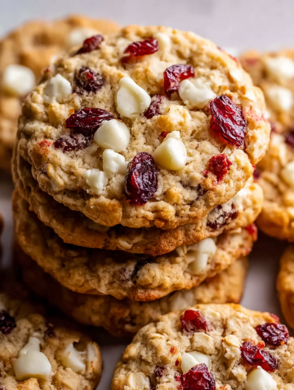 A stack of cookies with white and red toppings.