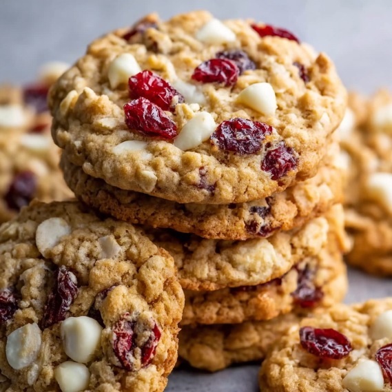 A stack of cookies with white chocolate and red berries.