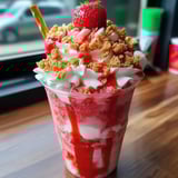 A cup of Starbucks Strawberry Shortcake Frappuccino.