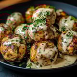 A plate of grilled chicken bites with creamy garlic sauce.