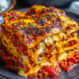 A plate of smoky roasted pepper lasagna.