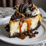 A slice of Oreo cheesecake with caramel drizzle.