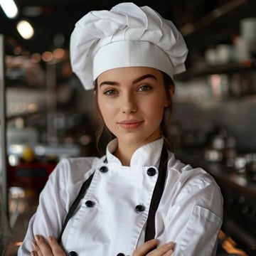 A woman in a chef's uniform poses for a picture.