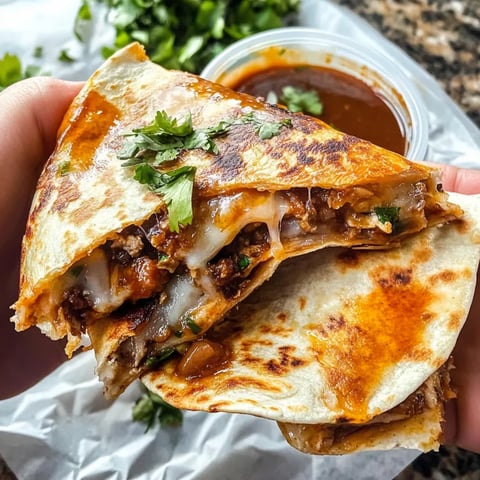 A hand holding a quesadilla with meat and cheese.