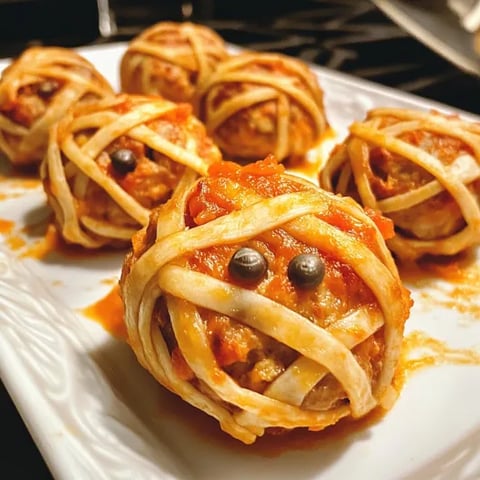 Halloween mummy meatballs on a plate.