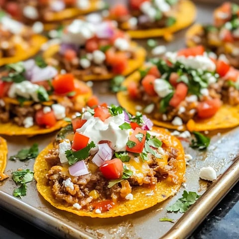 A pan of mini tostadas with cheese and tomatoes.