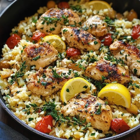 A dish of rice and chicken with lemon slices on top.
