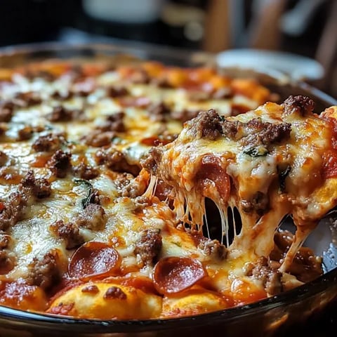 A close up of a meat lovers pizza casserole.