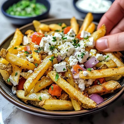 A hand is reaching for a plate of homemade Greek fries.