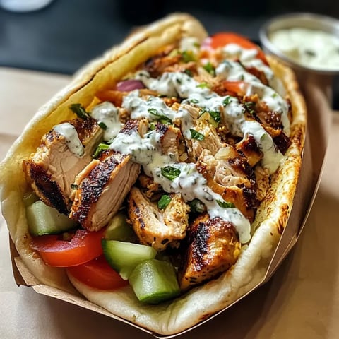 A Greek chicken gyros with tomatoes, onions, and cucumbers.