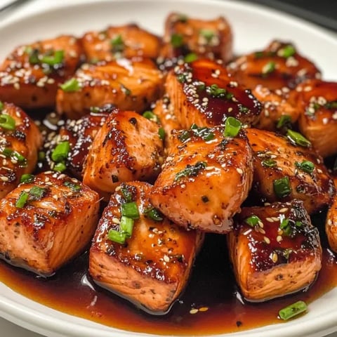 A plate of honey garlic salmon bites.