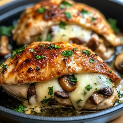 A close up of a stuffed chicken breast with mushrooms.