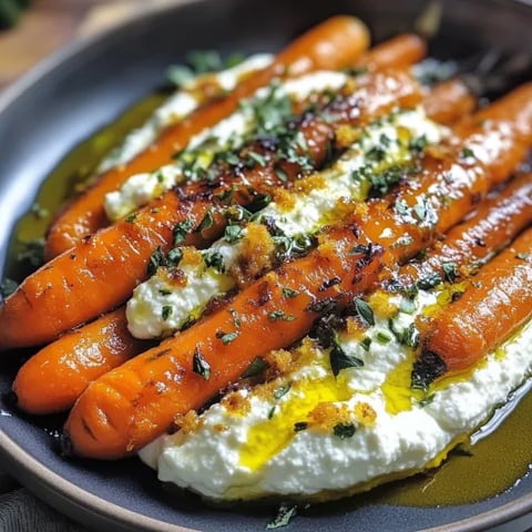 A plate of roasted carrots with whipped ricotta and hot honey.