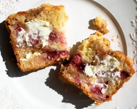 A piece of strawberry jam coffee cake.