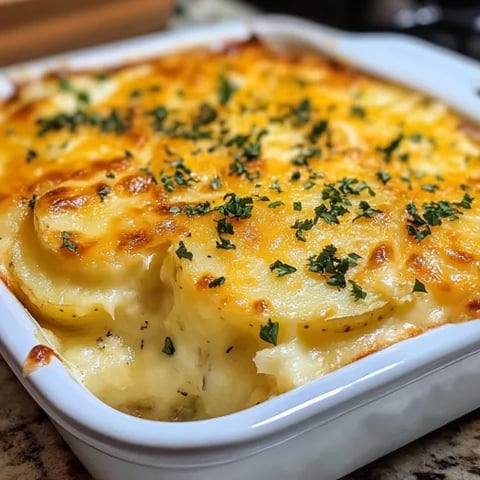 A white bowl filled with cheesy scalloped potatoes.