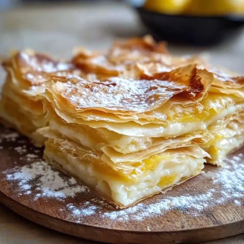 A stack of bougatsa with crispy filo layers.