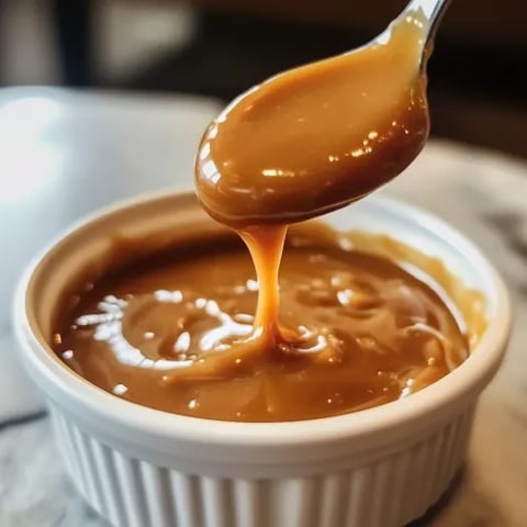 A spoon is in a bowl of butterscotch sauce.