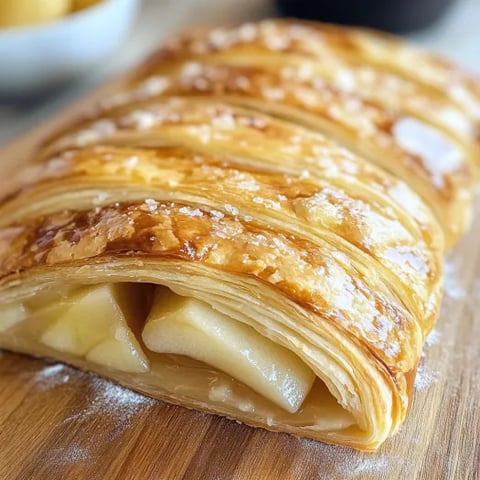 A braided apple puff pastry on a wooden table.