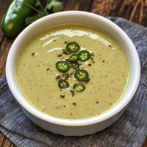 A bowl of creamy jalapeno sauce with green peppers and jalapenos.