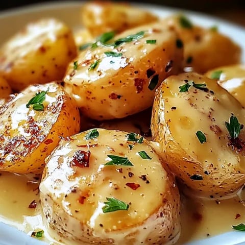 A plate of baby potatoes with garlic sauce.