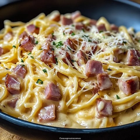 A bowl of creamy ham cheese pasta.