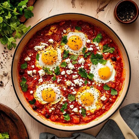 A dish of shakshuka with eggs.