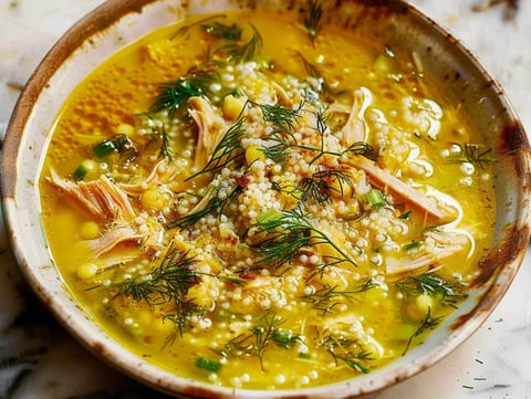 A bowl of soup with chicken, corn, and rice.